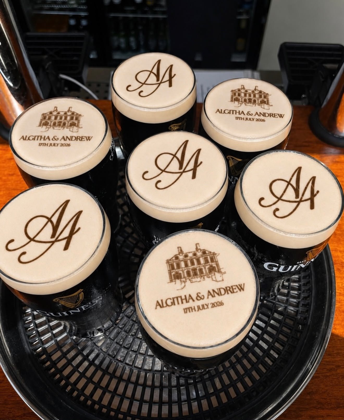 Wedding venue illustrations and custom initials printed onto pints